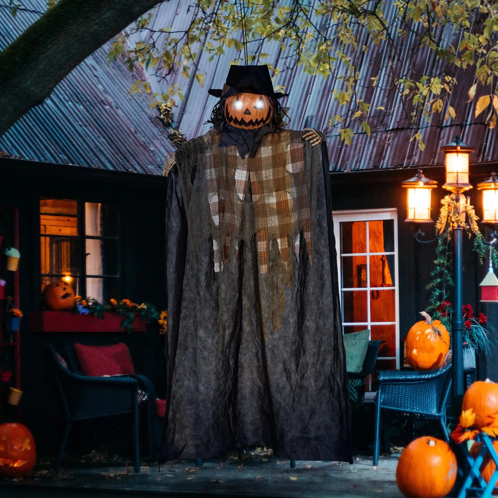 6' Life-Size Outdoor Halloween Hanging Pumpkin Ghost Sound Activated with Creepy Speaking Light up Eyes Holiday Supplies Prop