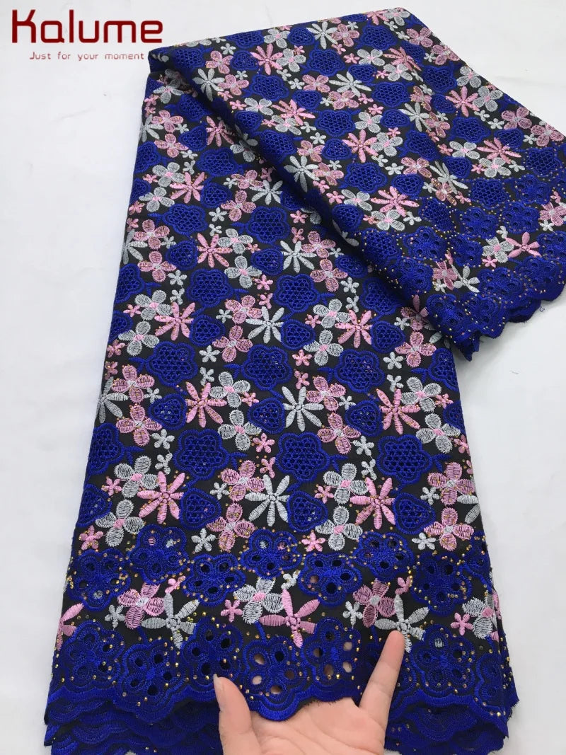 Kalume African Cotton Embroidered Lace Fabric With Stones 2025 Nigerian Swiss Voile Lace Fabric Flower For Sewing Dress F4325