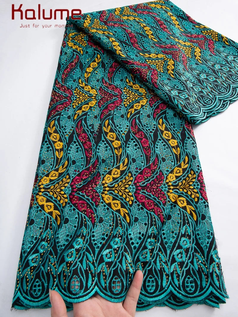 Kalume African Cotton Embroidered Lace Fabric With Stones 2025 Nigerian Swiss Voile Lace Fabric Flower For Sewing Dress F4325