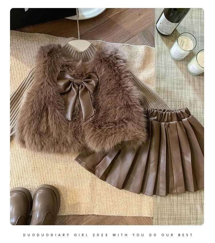Children's Clothing Sets Fashion Furry Coat + Knitted Top + Pleated Leather Skirt 3pcs Sets Kids Clothes Girls Baby Girl Clothes