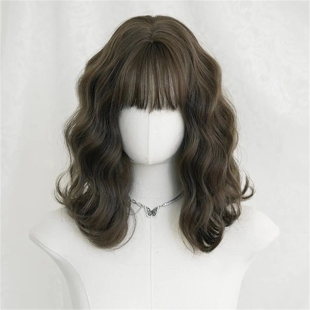 Wig for Women with Short Curly Hair, New Summer Product, Misty Cold Brown Chemical Fiber, Simulated Full Headgear with Bangs, High Temperature Silk Curly Hair, Synthetic Wig