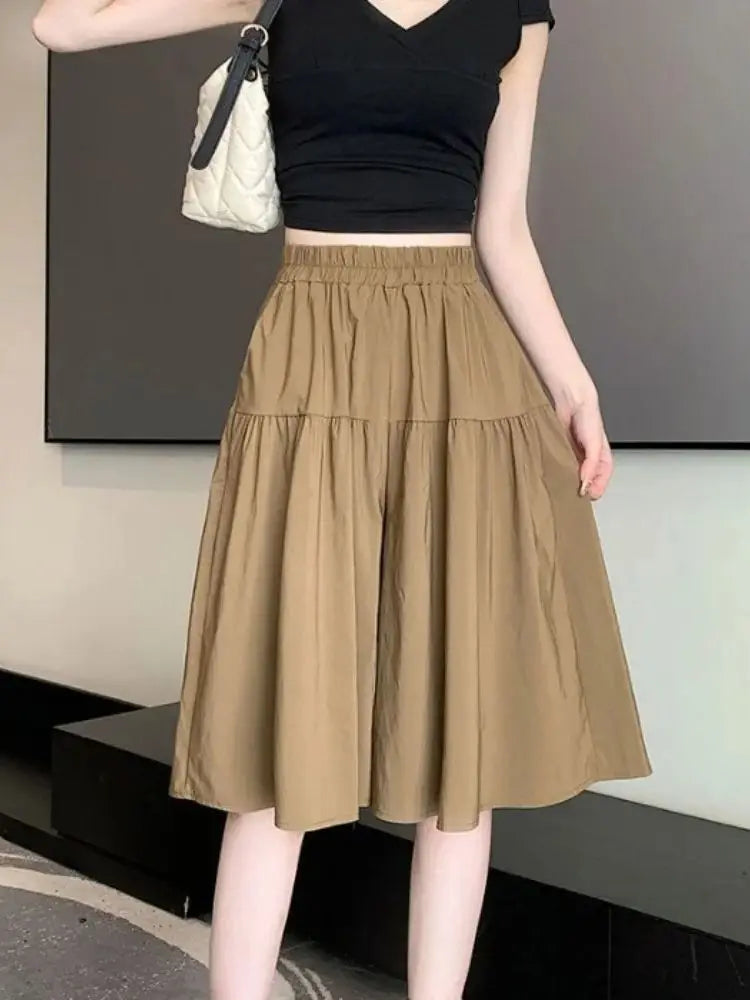 Ladies' A-line skirts, high-waisted, loose and puffy, casual ice silk, wide-leg capre pants, comfortable and convenient women