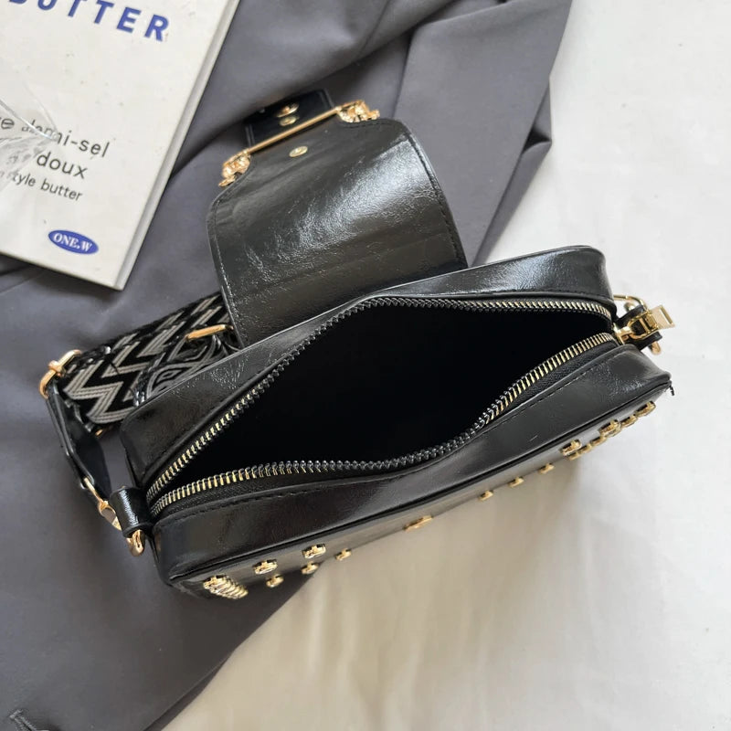 Luxury Rivet Pu Leather Crossbody Bag For Women 2024 New Wide Strap Shoulder Handbag And Purse Black Zipper Messenger Bags