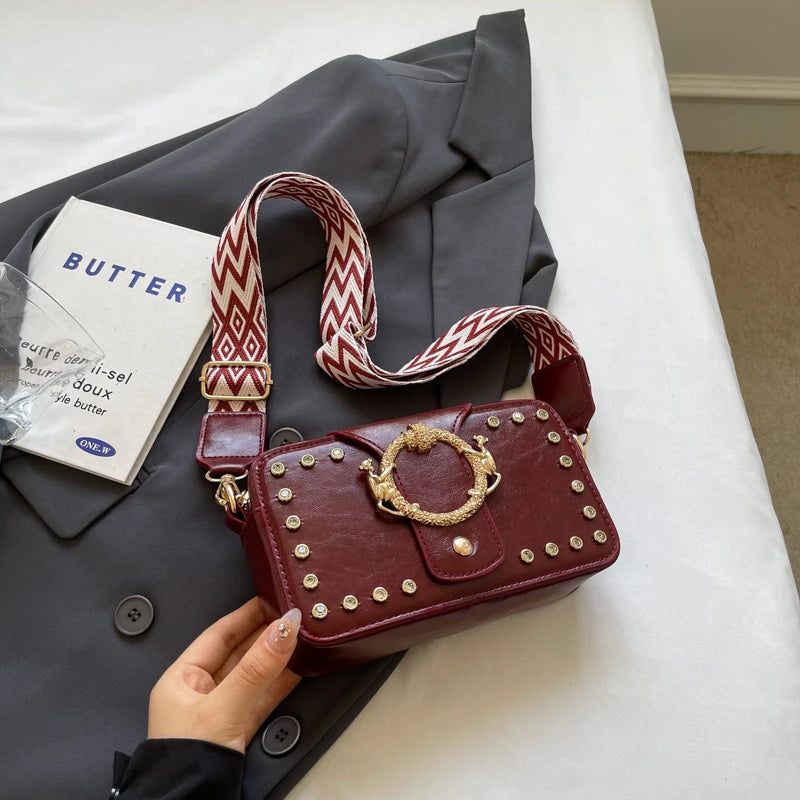 Luxury Rivet Pu Leather Crossbody Bag For Women 2024 New Wide Strap Shoulder Handbag And Purse Black Zipper Messenger Bags