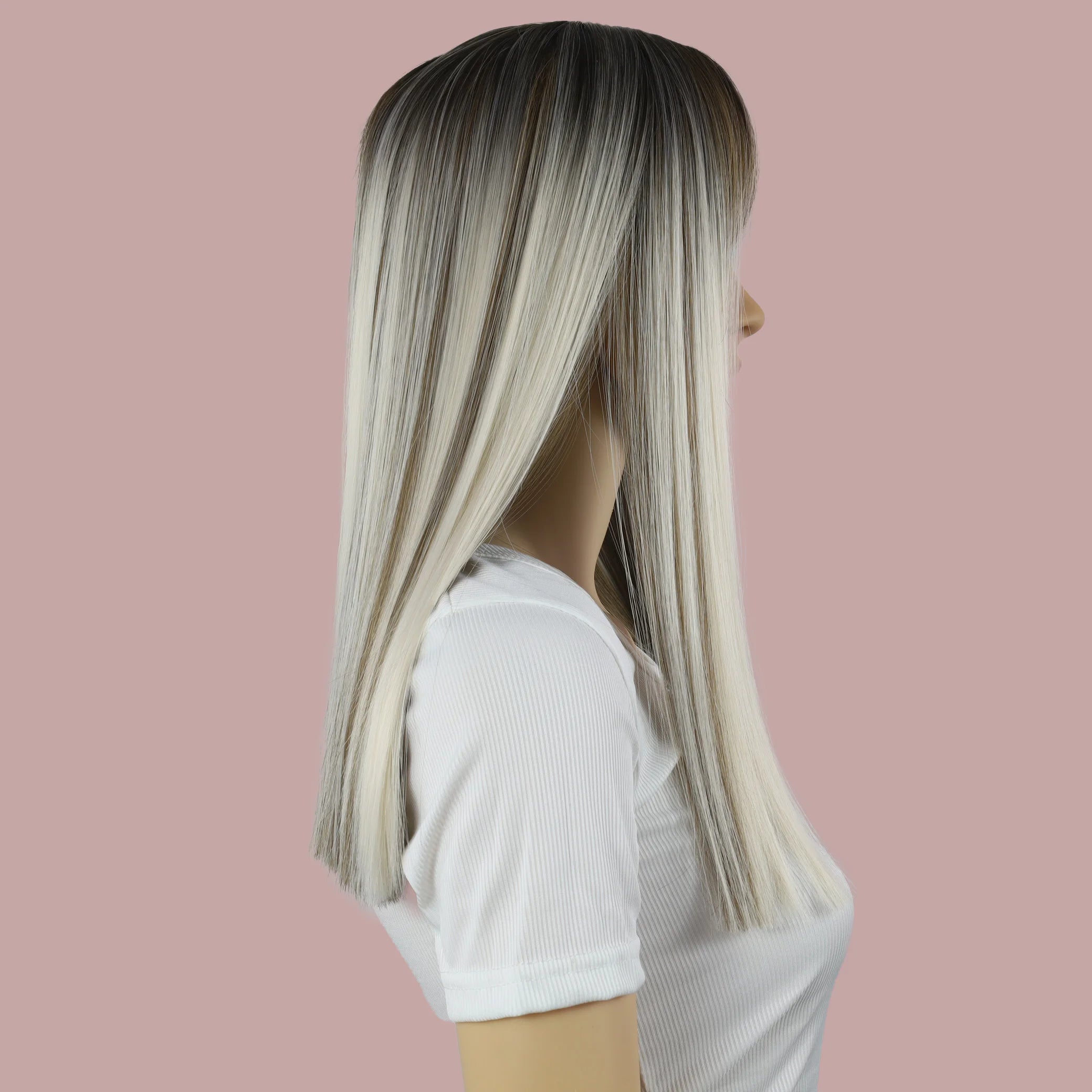 Wigs for women long straight hair 18 inches bangs, gradient mixed colors brown and white, heat-resistant synthetic fiber easy to