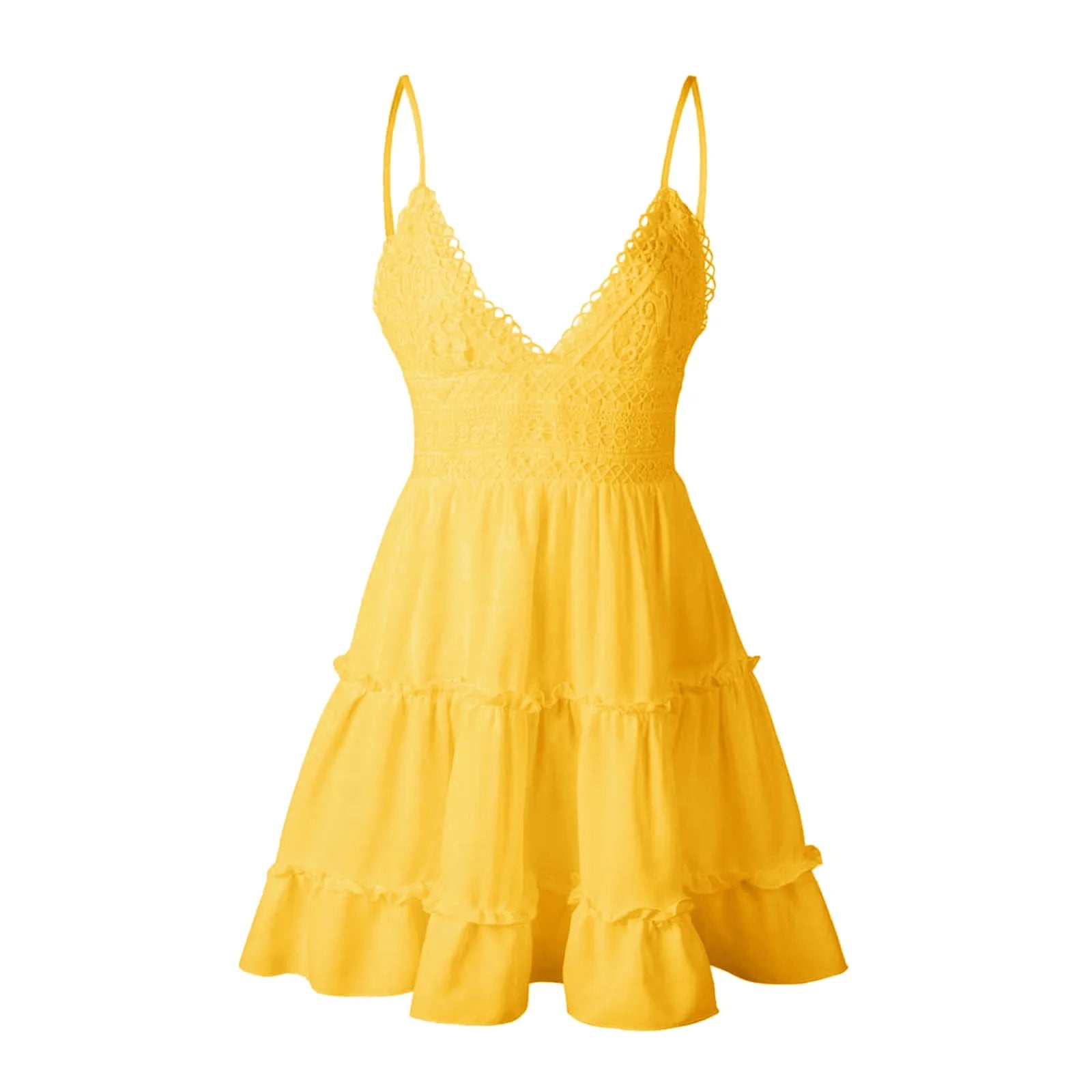 Women Summer Lace Short Dresses Casual V Neck Boho Ruffle Sleeveless A Line Beach Sun Dress Backless Sexy Dresses For Women