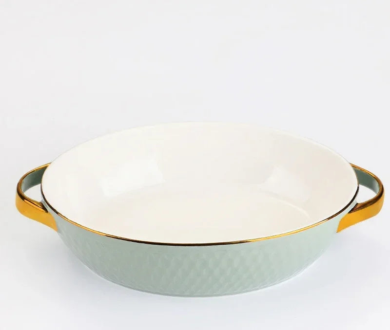 Golden Side Baking Tray Rectangle Oval Ceramic Glaze Baking Pan Barbecue Salad Plate Oven Kitchen Bableware