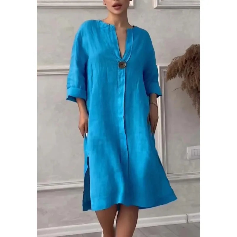 Elegant O-neck Long-sleeved Button Dress For Women's Summer Cotton And Linen Solid Color Loose Casual Simple Shirts Dress Female