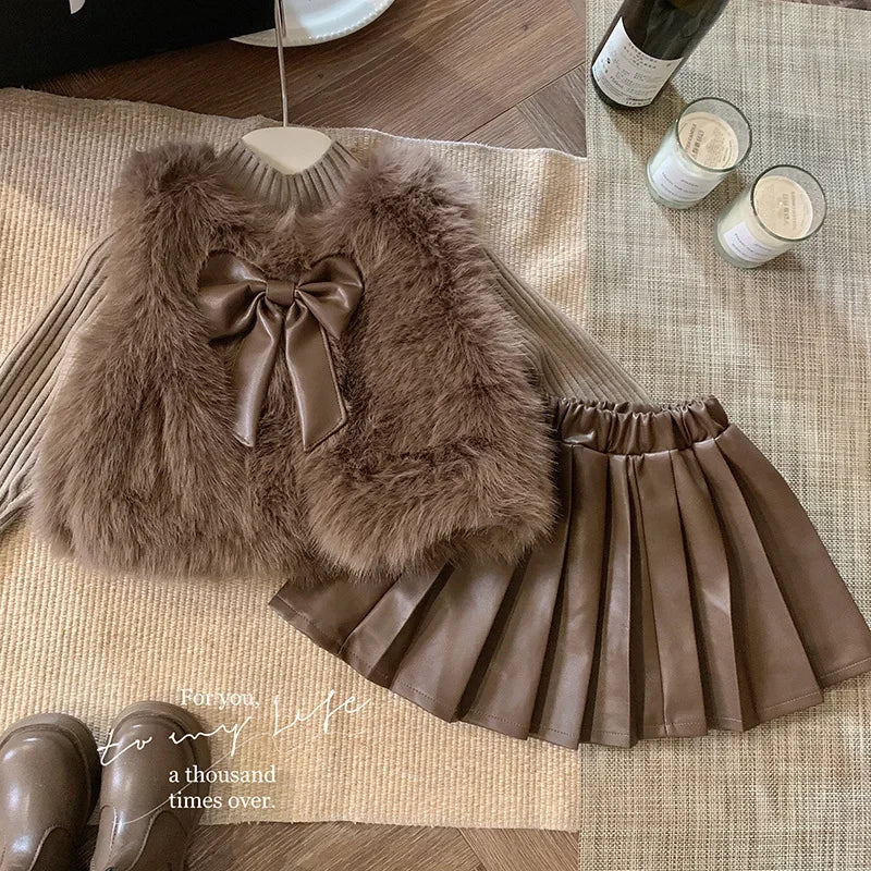 Children's Clothing Sets Fashion Furry Coat + Knitted Top + Pleated Leather Skirt 3pcs Sets Kids Clothes Girls Baby Girl Clothes