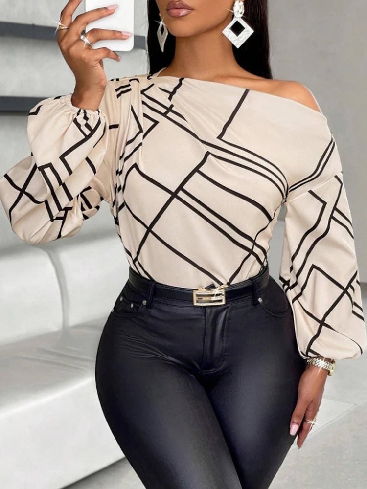 Ladies' Spring/Summer Daily Commuting Elegant Casual Shirt with Striped Print, Pleated and Asymmetric Neckline