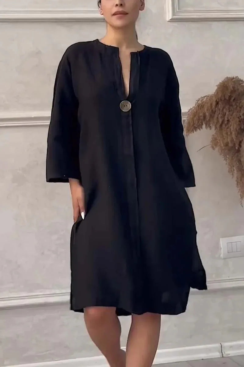 Elegant O-neck Long-sleeved Button Dress For Women's Summer Cotton And Linen Solid Color Loose Casual Simple Shirts Dress Female