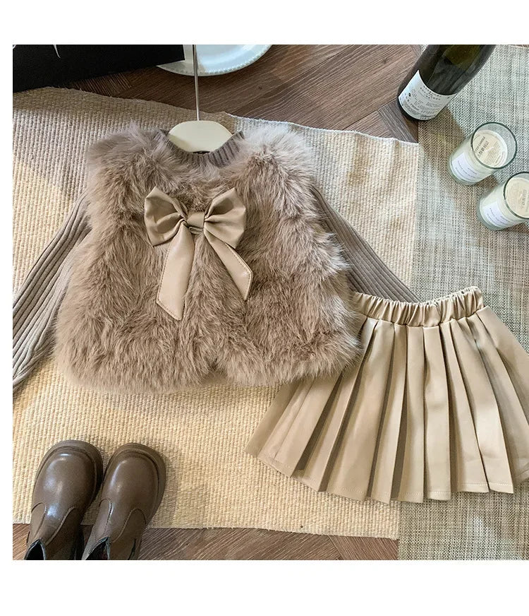 Children's Clothing Sets Fashion Furry Coat + Knitted Top + Pleated Leather Skirt 3pcs Sets Kids Clothes Girls Baby Girl Clothes
