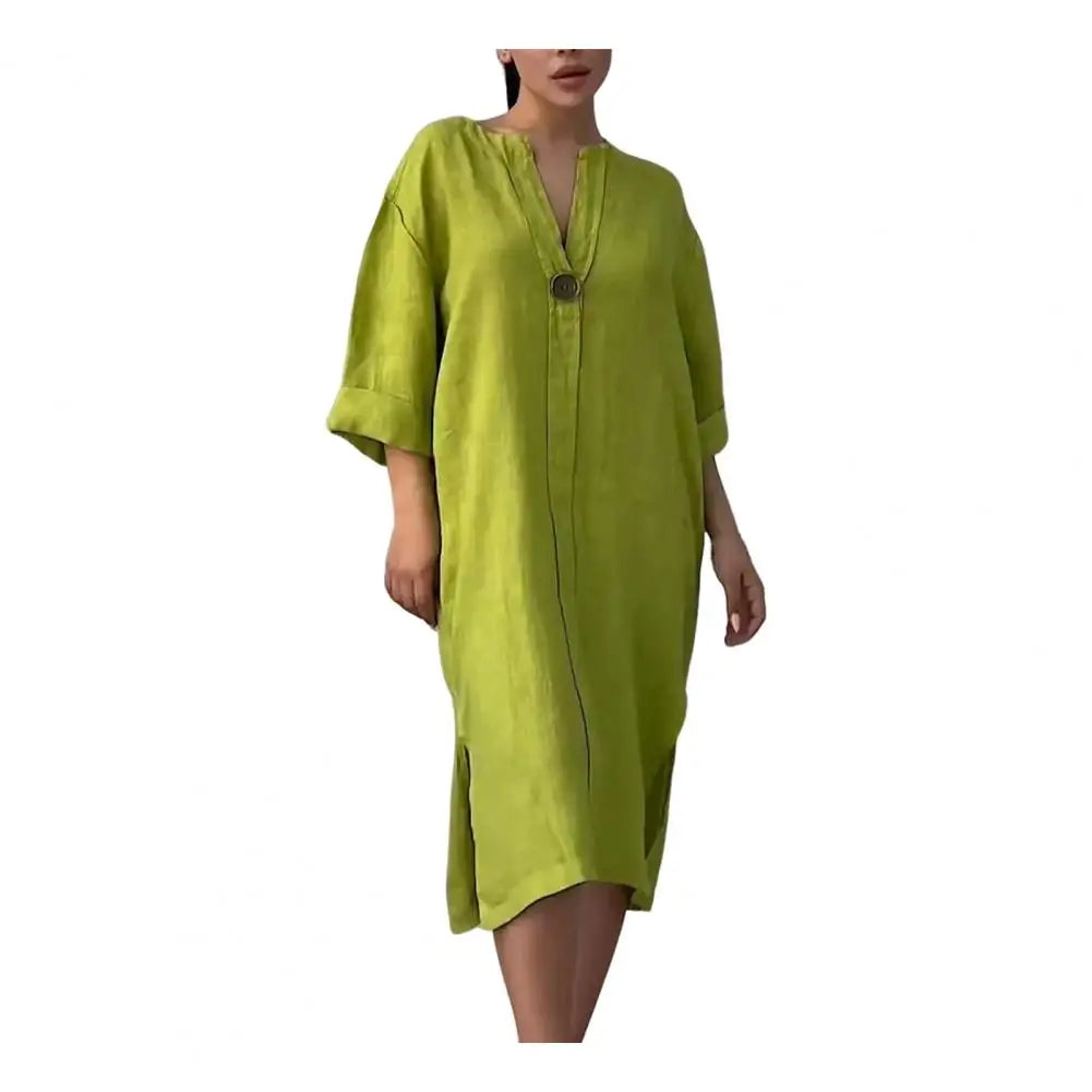 Summer Women Dress V Neck Side Split Loose Pullover Button Pure Color Long Sleeves Casual Daily Wear Midi Dress