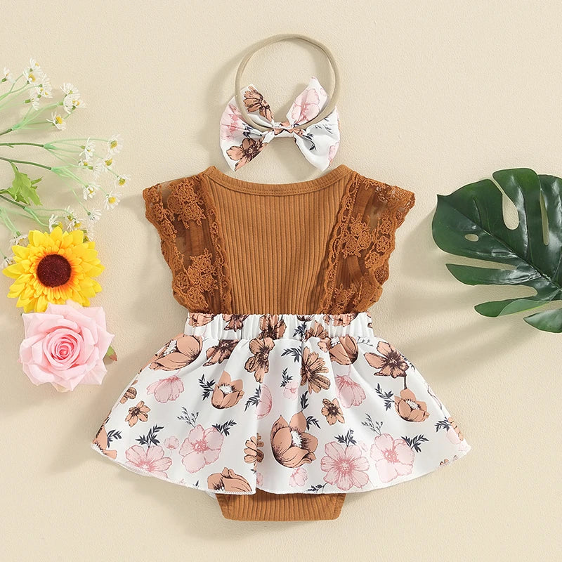 Pudcoco Baby Girl Summer Jumpsuit Floral Print Lace Patchwork Romper Dress and Headband Set Cute Fashion Clothes Outfits 0-18M