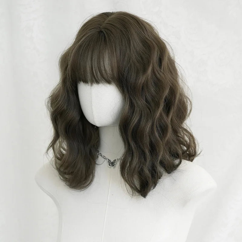Wig for Women with Short Curly Hair, New Summer Product, Misty Cold Brown Chemical Fiber, Simulated Full Headgear with Bangs, High Temperature Silk Curly Hair, Synthetic Wig