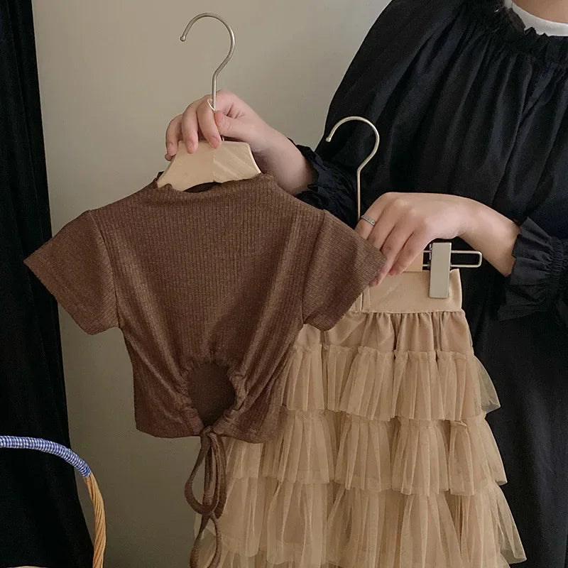 Children's Clothing Set Wear Summer New Girls' Fashion Top Sweet Cake Half Skirt Set Birthday Party Kids Boutique Clothes