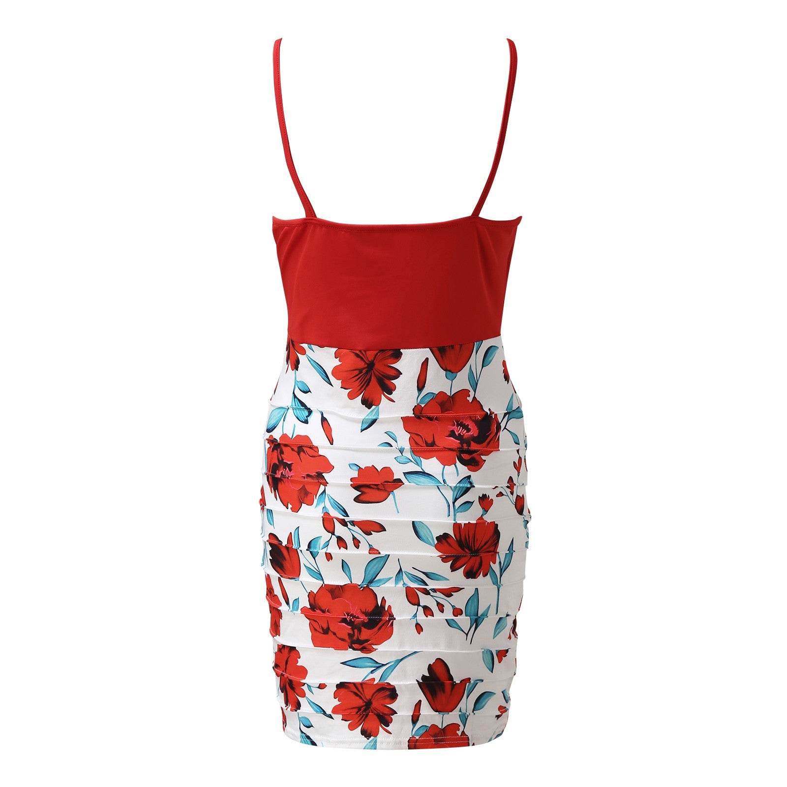 Women Summer Bodycon Mini Dress Sexy Deep V-Neck Floral Print Party Dress High Waist Sleeveless Pleated Backless Cocktail Dress