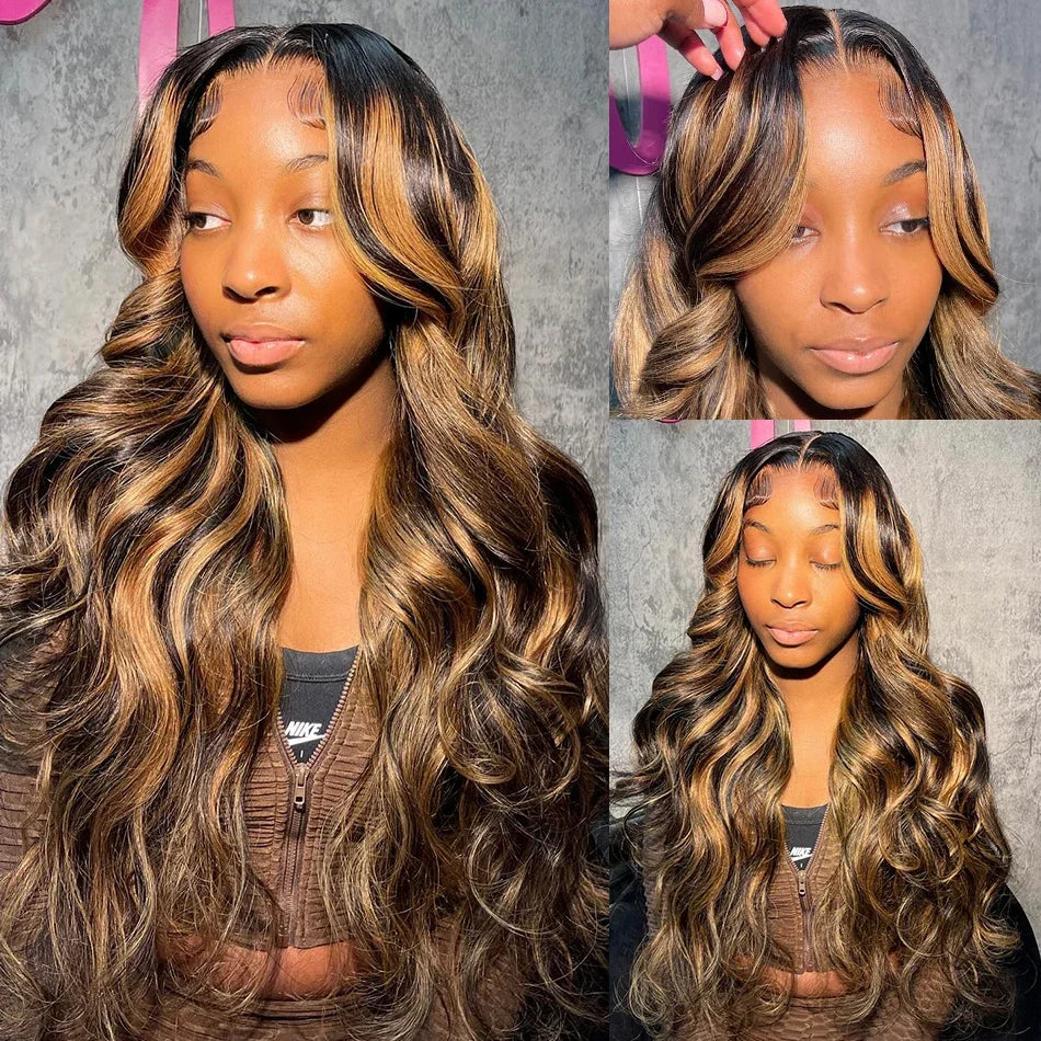 200% Highlight Ombre Body Wave 13x4 13x6 HD Lace Frontal Wigs 4/27 Blonde Brown Colored 13x6 Lace Front Human Hair Wig For Women