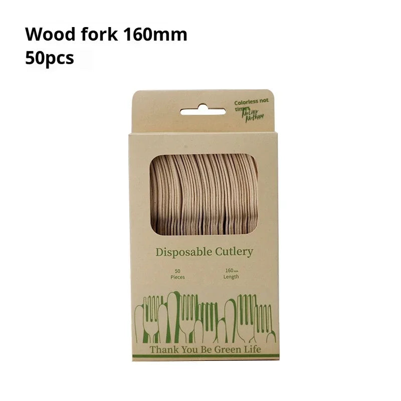 Disposable Wooden Cutlery Set Eco-Friendly  Fork Knife Spoon Wedding Birthday Party Outdoor Picnic Kitchen Recyclable Flatware