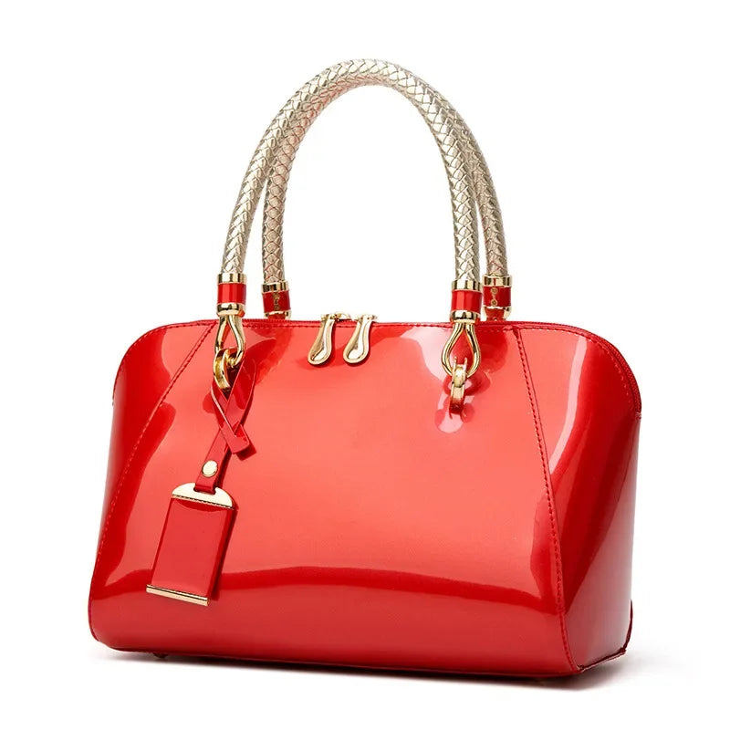 Luxury Designer Handbag Shiny Leather Boston Bag 2024 Fashion New Blue Red Black Beige Pink Bags for Women
