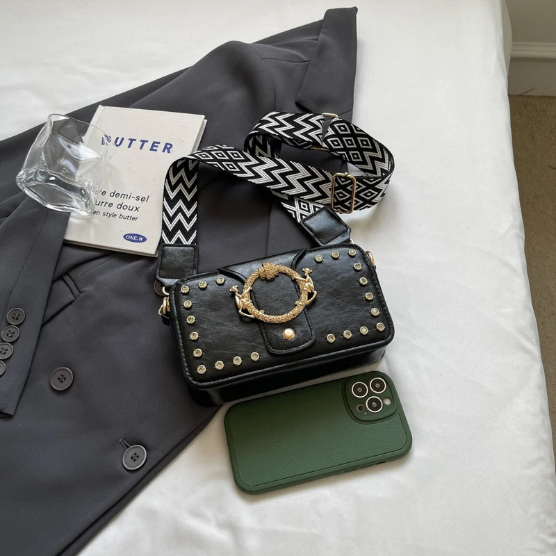 Luxury Rivet Pu Leather Crossbody Bag For Women 2024 New Wide Strap Shoulder Handbag And Purse Black Zipper Messenger Bags