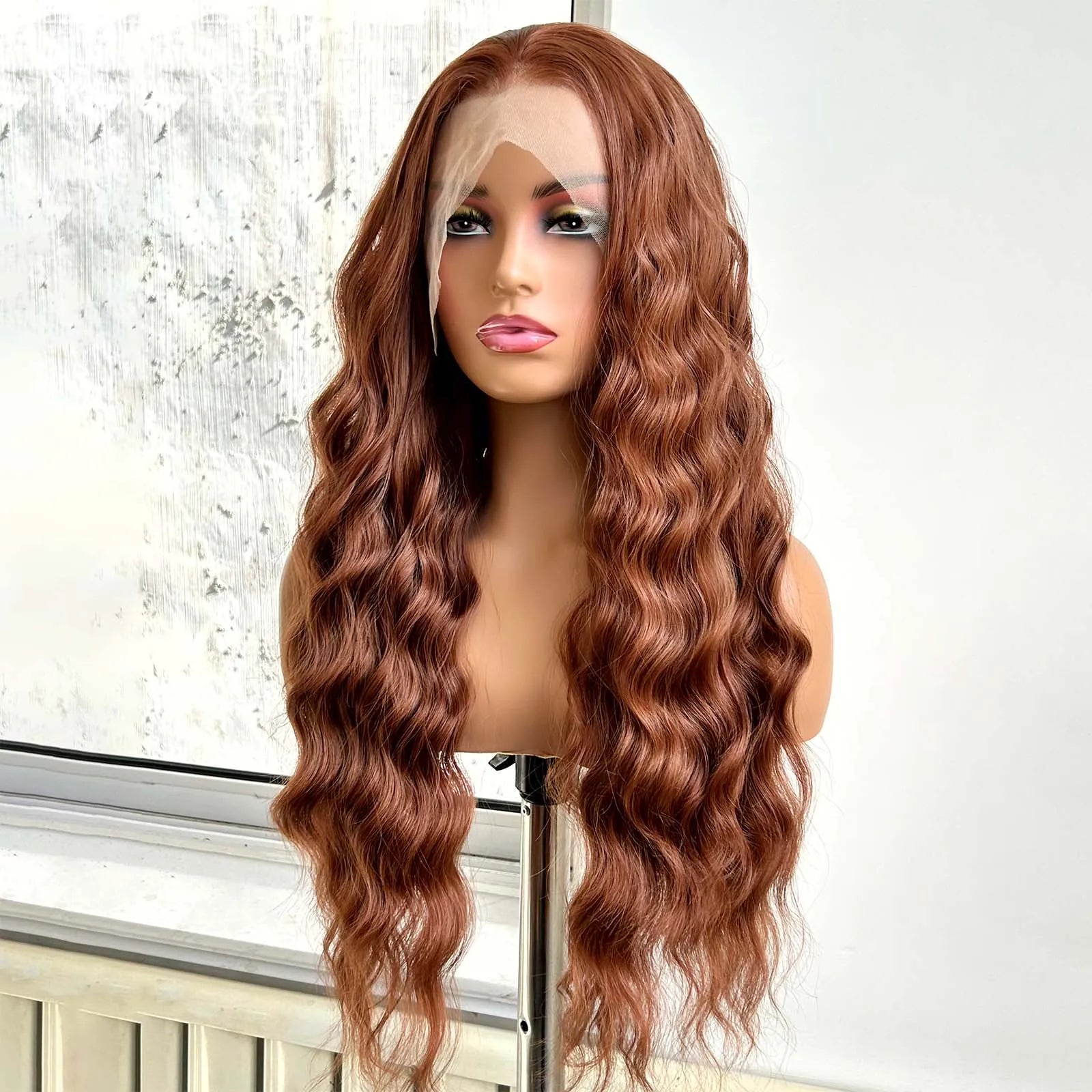 Ginger Brown Wig Long Curly Wavy Synthetic Middle Part Loose Deep Wave Auburn Colored 13X4 Frontal Wigs for Women Daily Party