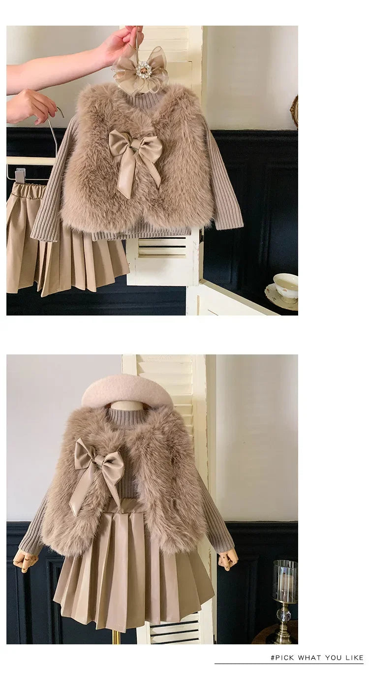 Children's Clothing Sets Fashion Furry Coat + Knitted Top + Pleated Leather Skirt 3pcs Sets Kids Clothes Girls Baby Girl Clothes