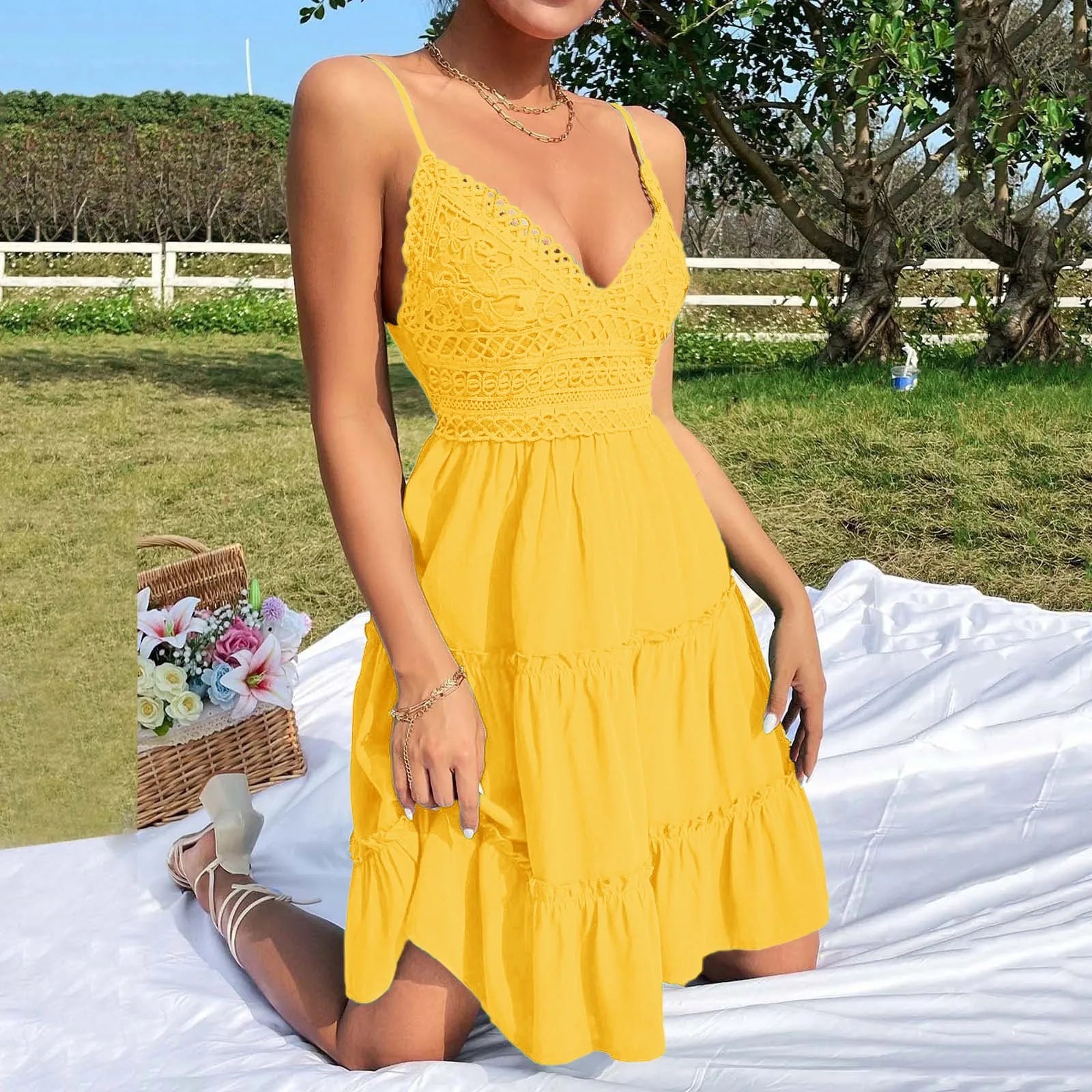 Women Summer Lace Short Dresses Casual V Neck Boho Ruffle Sleeveless A Line Beach Sun Dress Backless Sexy Dresses For Women