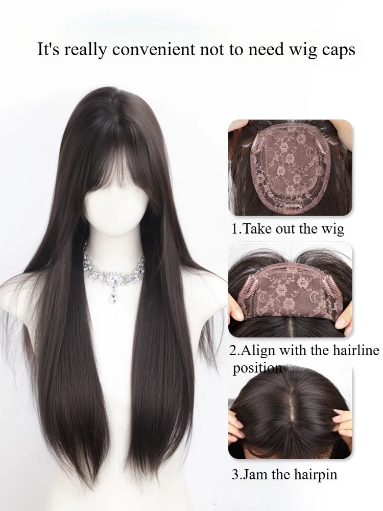 Wig for Women Black Long Straight Top Wig Pieces Hair Growth Volume No Need To Wear Wig Cap Hair Replacement False Bangs