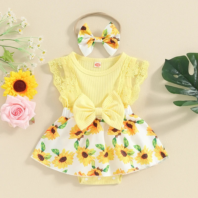 Pudcoco Baby Girl Summer Jumpsuit Floral Print Lace Patchwork Romper Dress and Headband Set Cute Fashion Clothes Outfits 0-18M