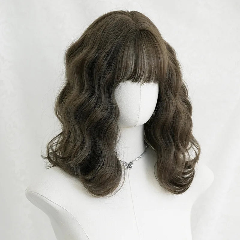 Wig for Women with Short Curly Hair, New Summer Product, Misty Cold Brown Chemical Fiber, Simulated Full Headgear with Bangs, High Temperature Silk Curly Hair, Synthetic Wig