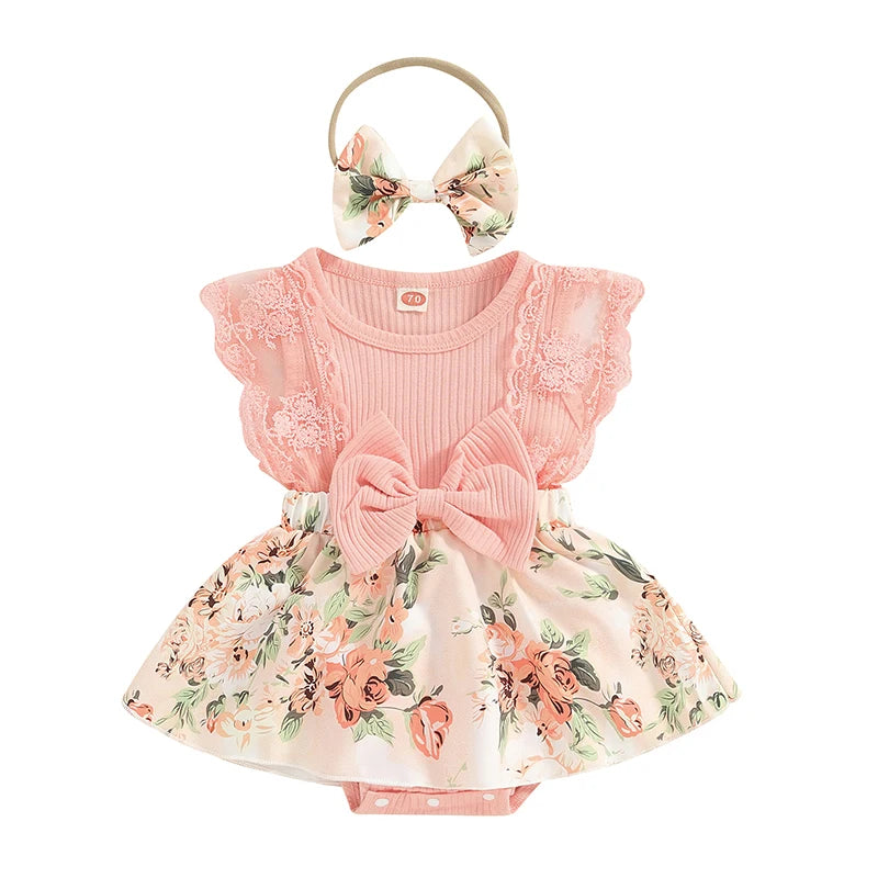 Pudcoco Baby Girl Summer Jumpsuit Floral Print Lace Patchwork Romper Dress and Headband Set Cute Fashion Clothes Outfits 0-18M