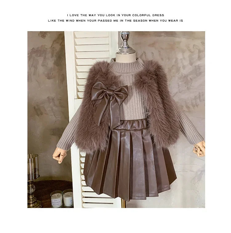Children's Clothing Sets Fashion Furry Coat + Knitted Top + Pleated Leather Skirt 3pcs Sets Kids Clothes Girls Baby Girl Clothes