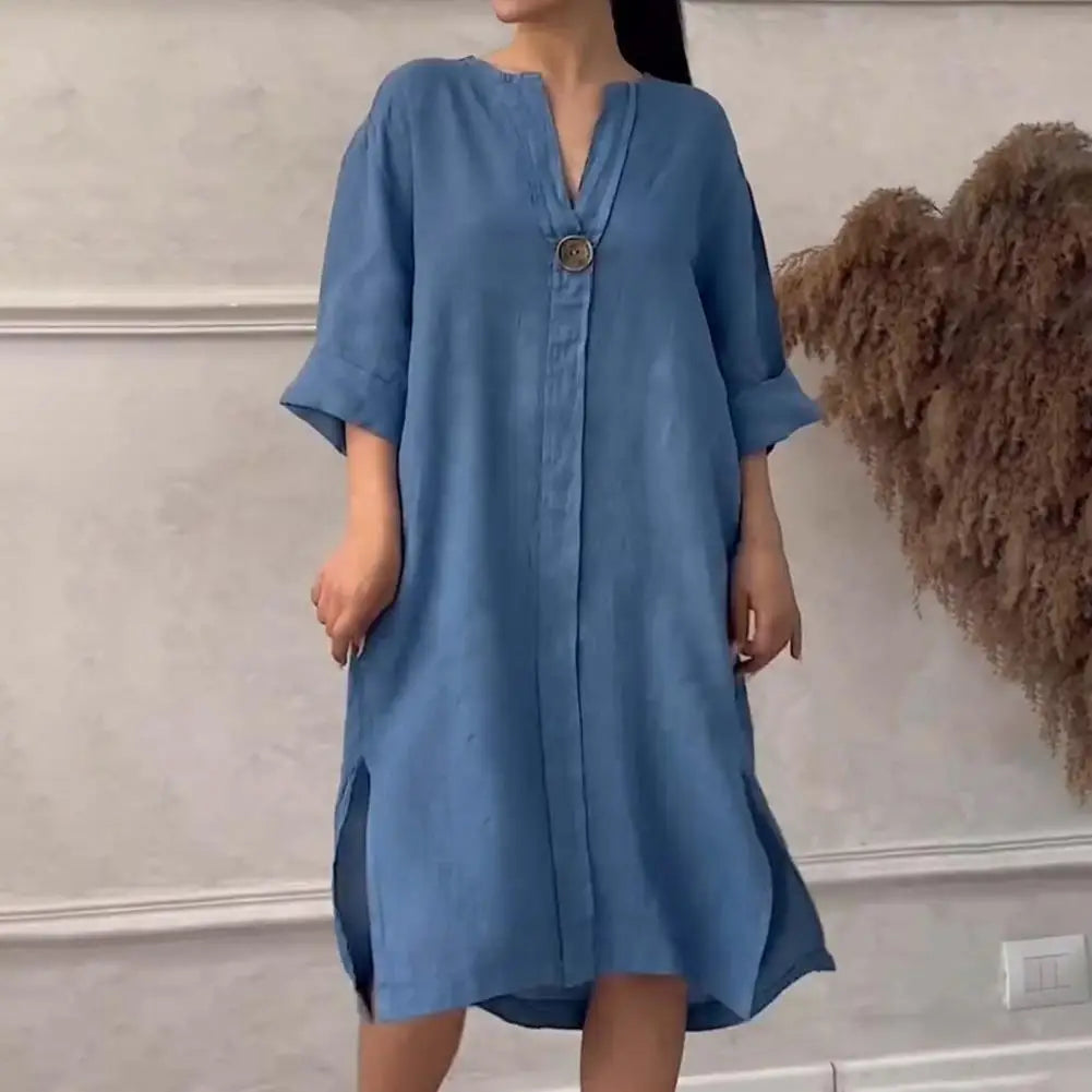 Soft Fabric Women Dress Button V-neck Dress Women's Loose V Neck A-line Midi Dress with Three Quarter Sleeves for Wear