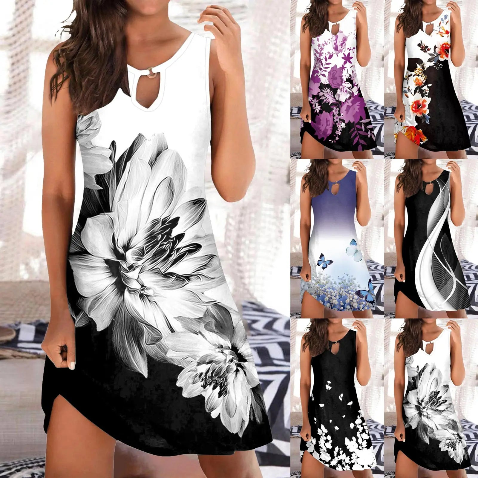 Women Beach Dress Fashion Stripe Sleeveless Backless Camisole Beach Mini Mask printing Artistic Elegant Dress Casual Women