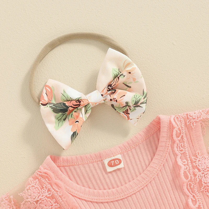 Pudcoco Baby Girl Summer Jumpsuit Floral Print Lace Patchwork Romper Dress and Headband Set Cute Fashion Clothes Outfits 0-18M