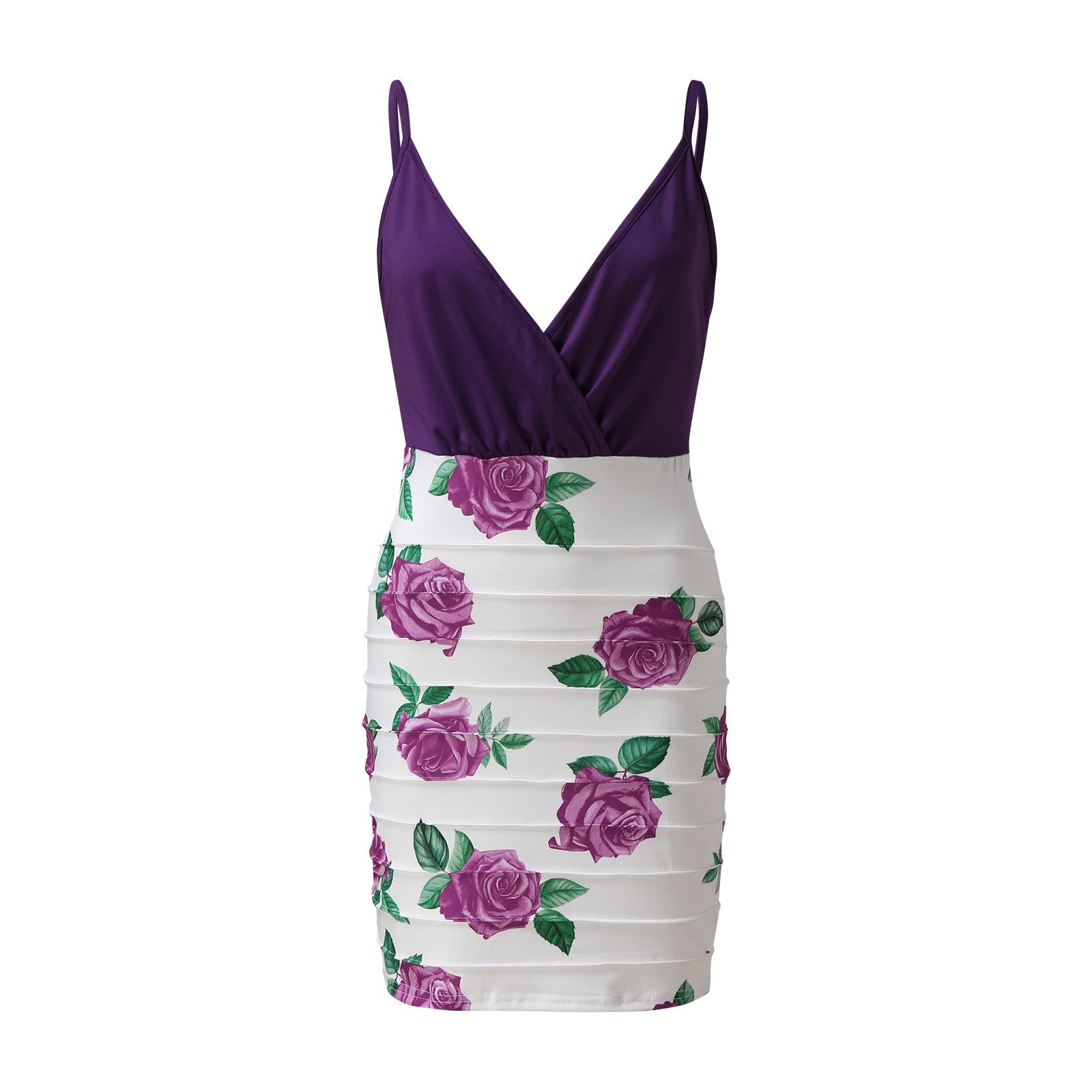 Women Summer Bodycon Mini Dress Sexy Deep V-Neck Floral Print Party Dress High Waist Sleeveless Pleated Backless Cocktail Dress