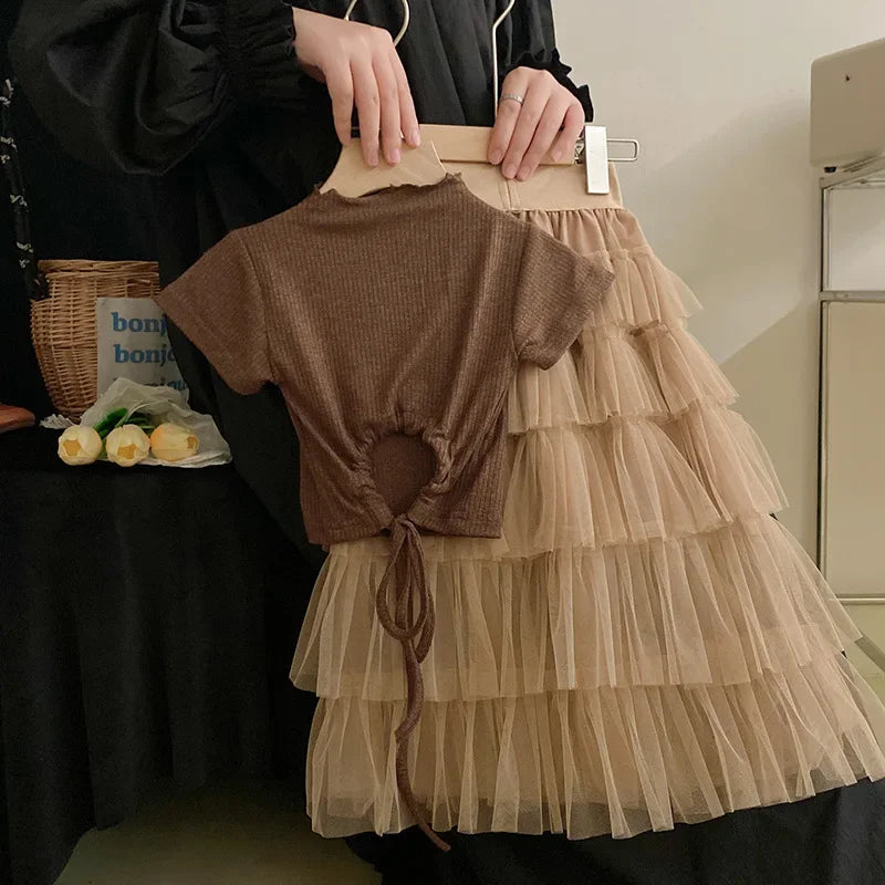 Children's Clothing Set Wear Summer New Girls' Fashion Top Sweet Cake Half Skirt Set Birthday Party Kids Boutique Clothes