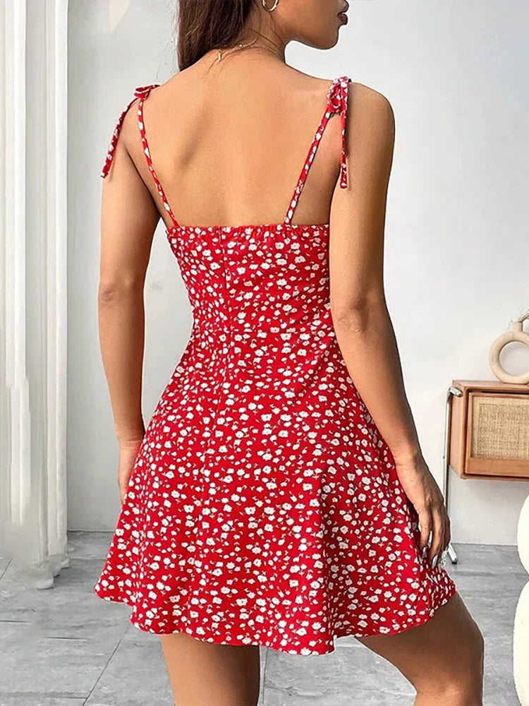 Women's Summer Floral Spaghetti Strap Beach Short Dress,Women Mini Dress,Woman Clothing,Red Dresses,Sundress,New In Dress 2025