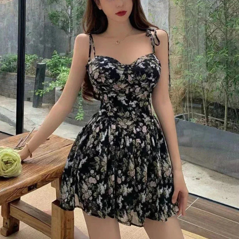 Retro Floral Dresses Women Sexy Slim Spaghetti Strap Lace Up Mini Dress Female Summer Holiday Beach Backless Empire Sundress
