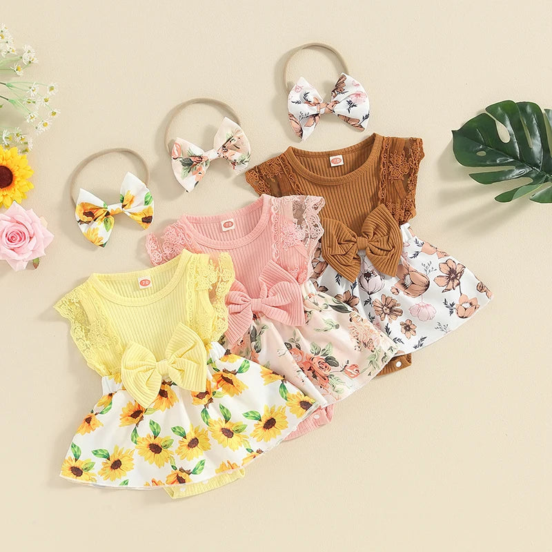 Pudcoco Baby Girl Summer Jumpsuit Floral Print Lace Patchwork Romper Dress and Headband Set Cute Fashion Clothes Outfits 0-18M