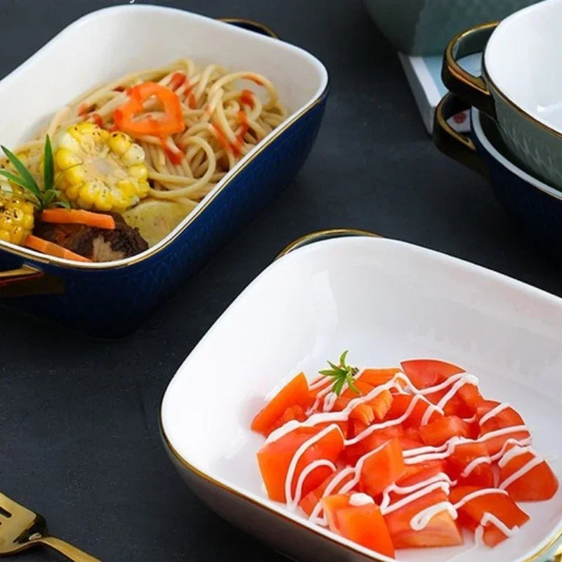 Golden Side Baking Tray Rectangle Oval Ceramic Glaze Baking Pan Barbecue Salad Plate Oven Kitchen Bableware