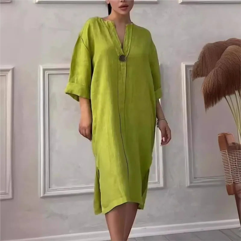 Elegant O-neck Long-sleeved Button Dress For Women's Summer Cotton And Linen Solid Color Loose Casual Simple Shirts Dress Female