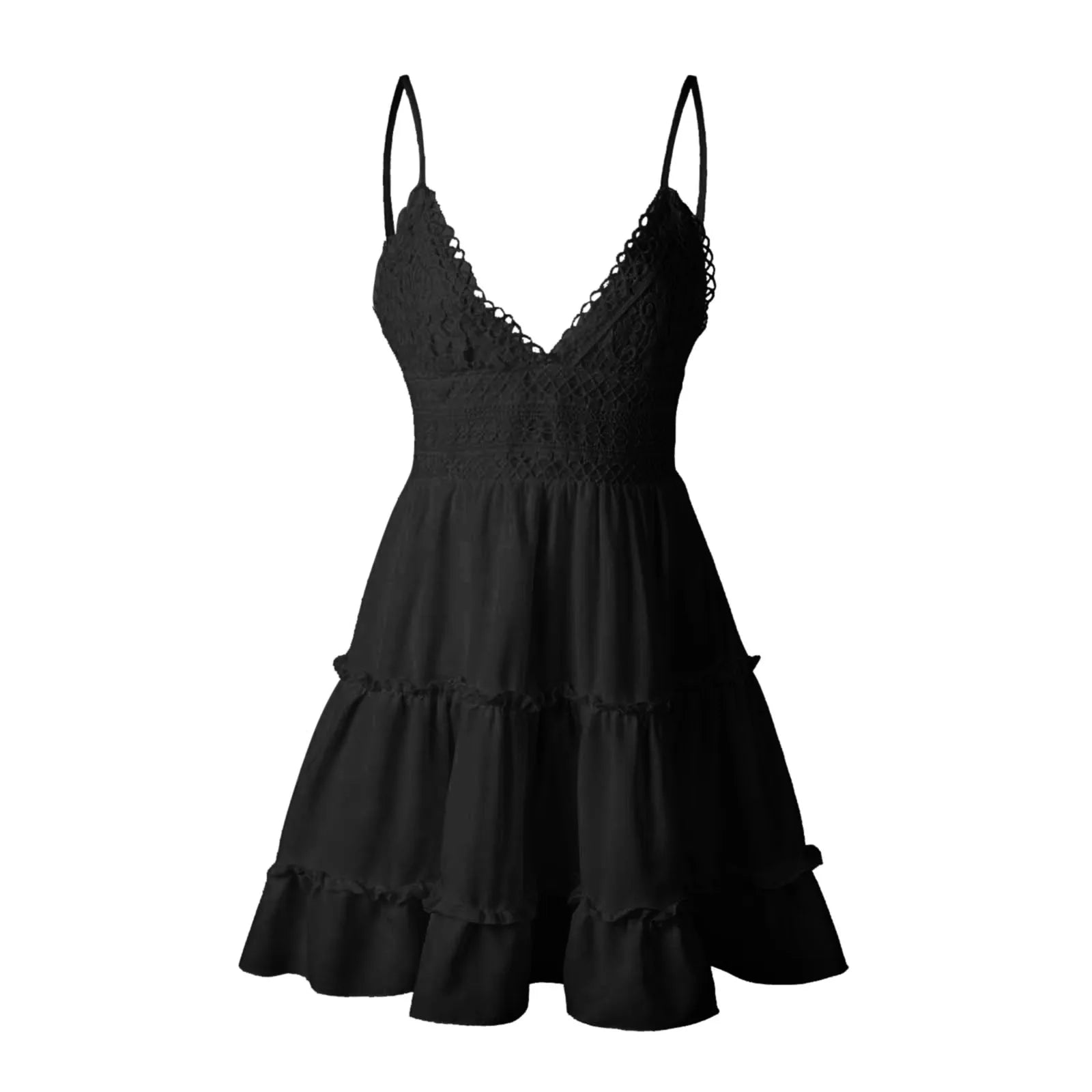 Women Summer Lace Short Dresses Casual V Neck Boho Ruffle Sleeveless A Line Beach Sun Dress Backless Sexy Dresses For Women