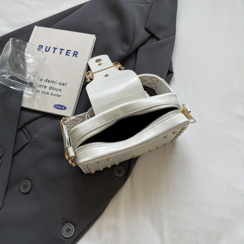 Luxury Rivet Pu Leather Crossbody Bag For Women 2024 New Wide Strap Shoulder Handbag And Purse Black Zipper Messenger Bags