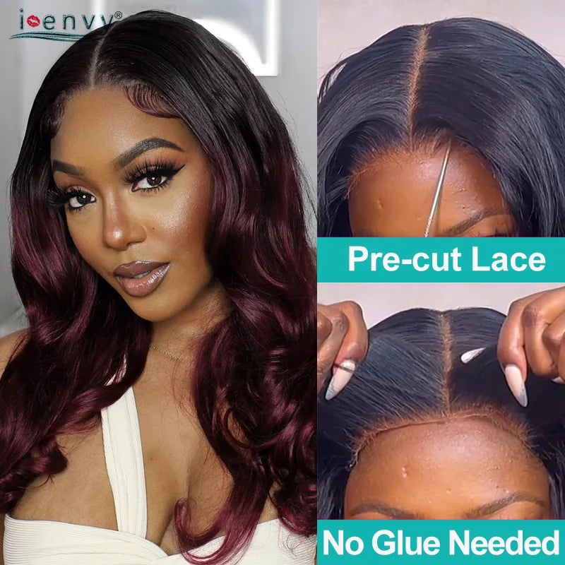 Burgundy Wear And Go Glueless Wigs Human Hair Body Wave Wigs For Women 4X4 Lace Closure Wig Ready To Wear Curly Human Hair Wigs