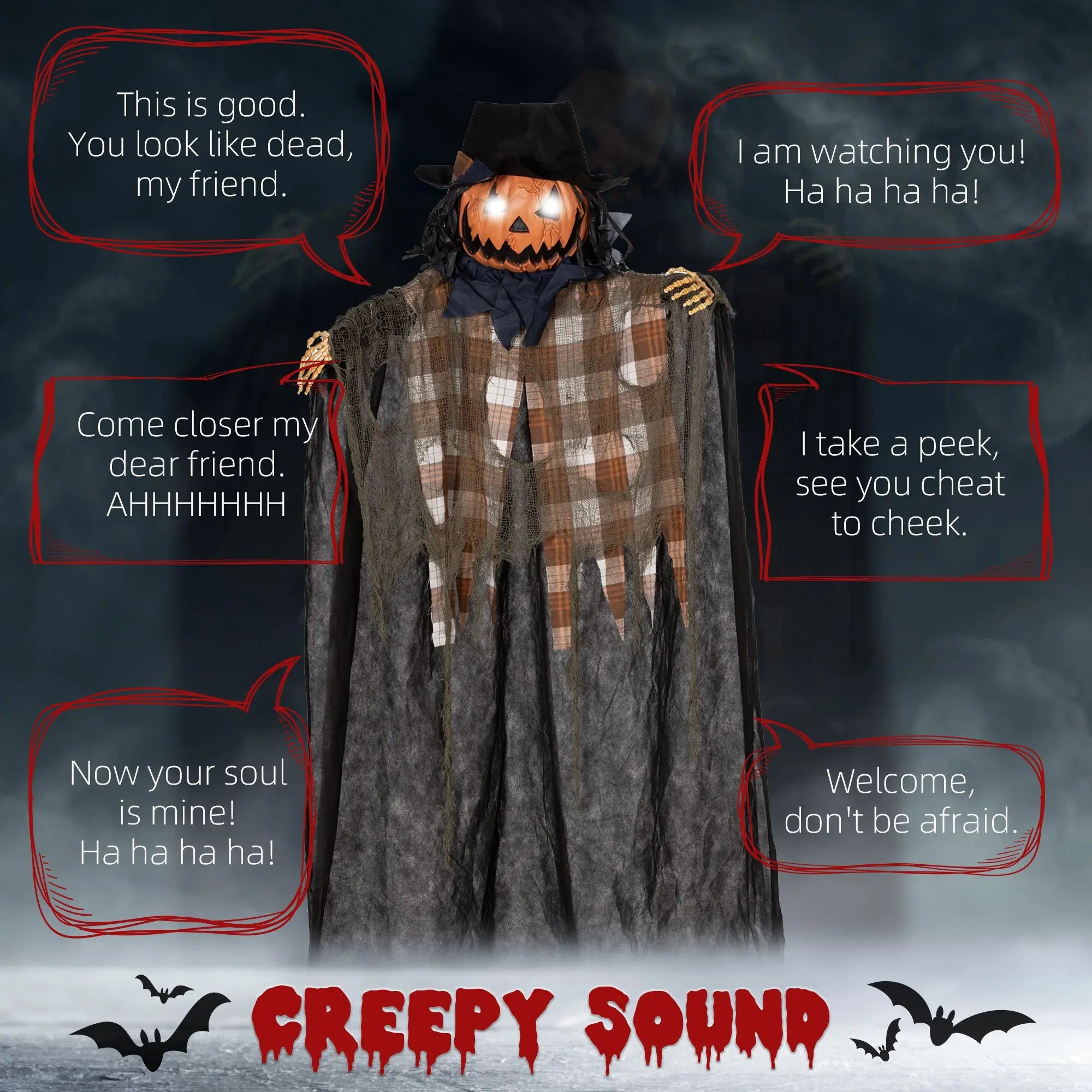 6' Life-Size Outdoor Halloween Hanging Pumpkin Ghost Sound Activated with Creepy Speaking Light up Eyes Holiday Supplies Prop