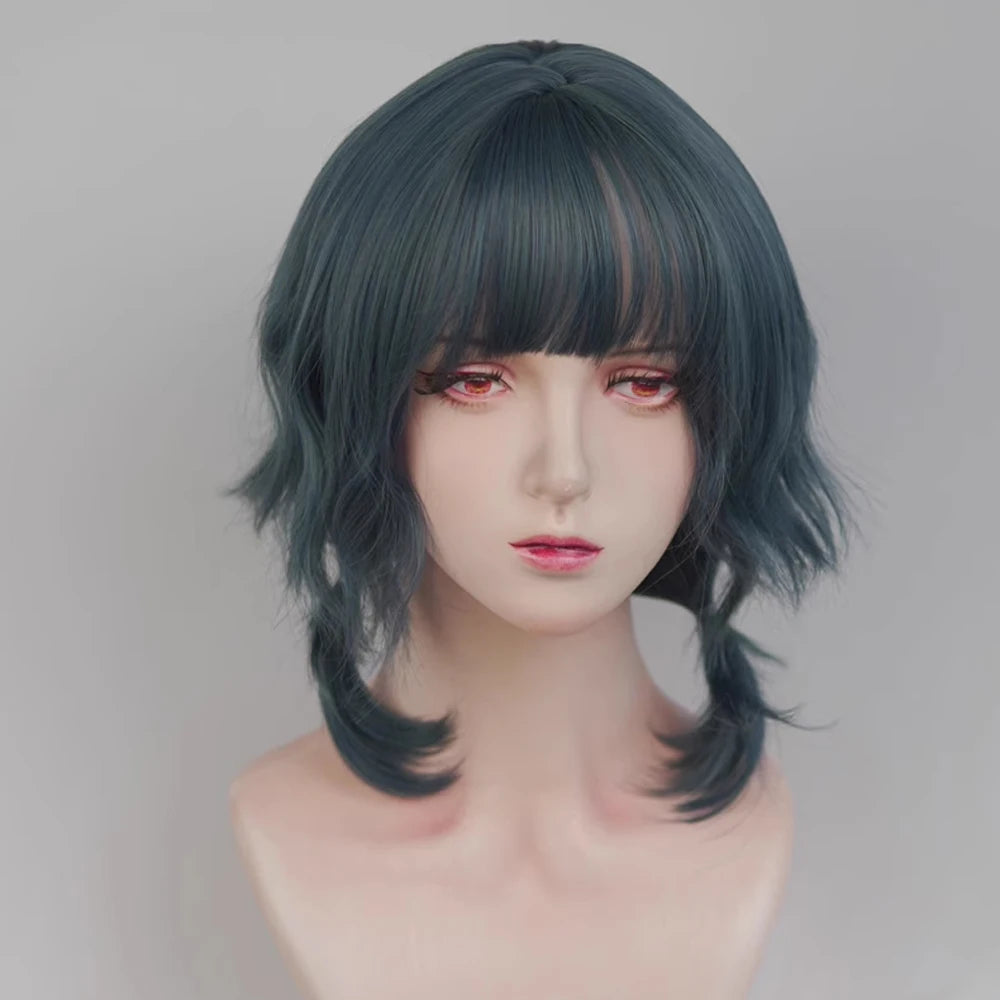 VICWIG Blue Short Wavy Mullet Head Wigs with Bangs Synthetic Lolita Cosplay Women Hair Wig for Daily Party