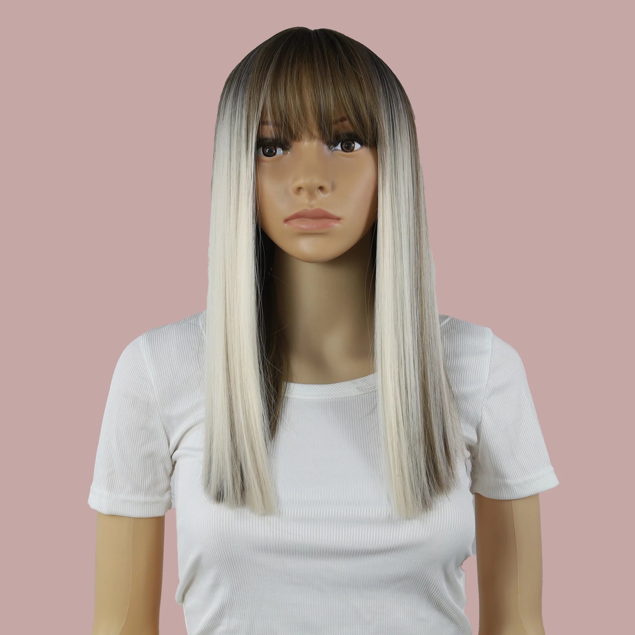 Wigs for women long straight hair 18 inches bangs, gradient mixed colors brown and white, heat-resistant synthetic fiber easy to