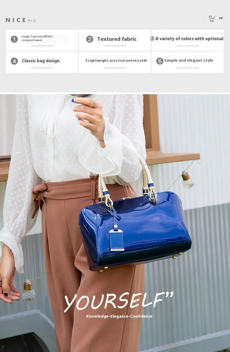 Luxury Designer Handbag Shiny Leather Boston Bag 2024 Fashion New Blue Red Black Beige Pink Bags for Women